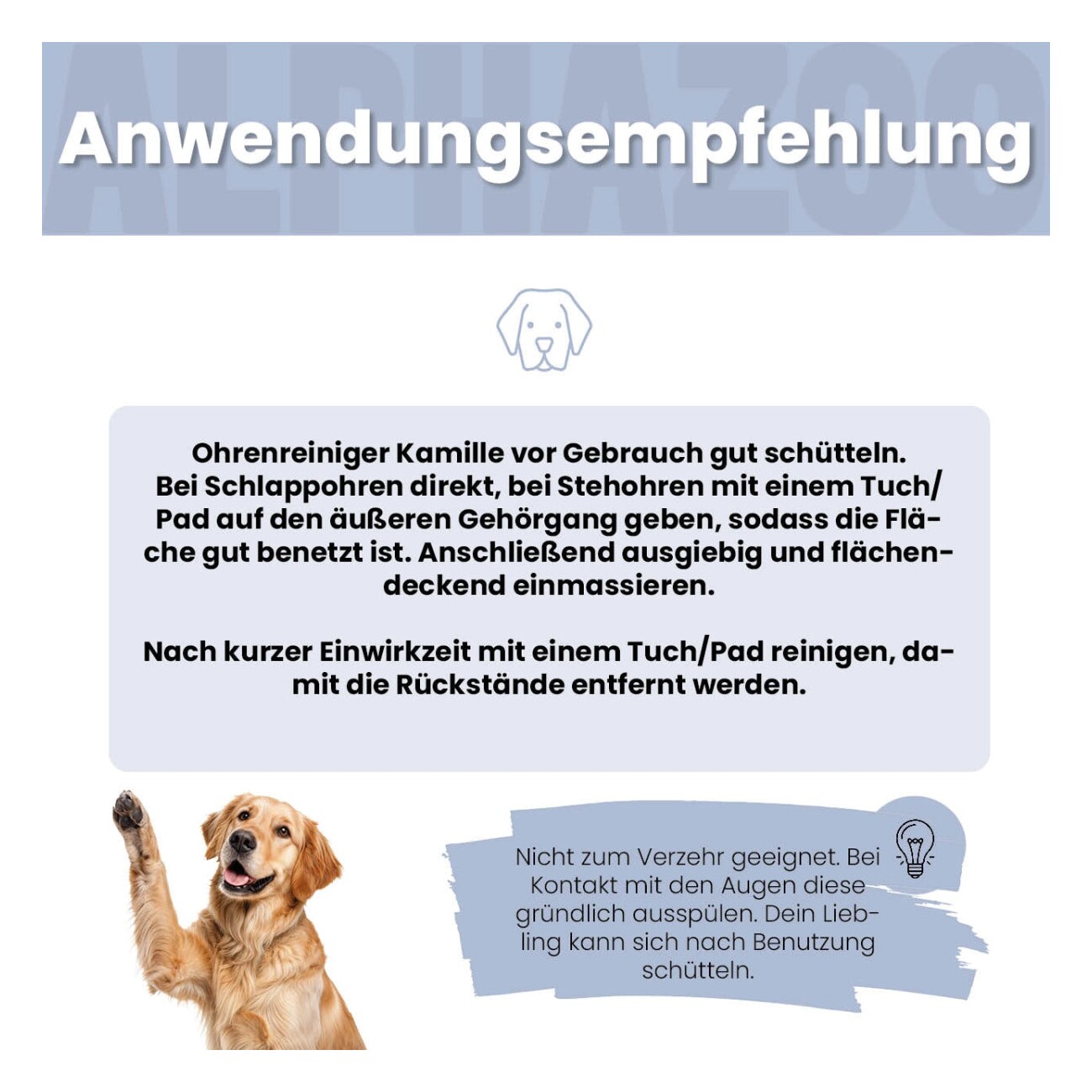 ALPHAZOO Lauscher-Auf Ohrenreiniger für Hunde I Ohrenpflege mit Kamille