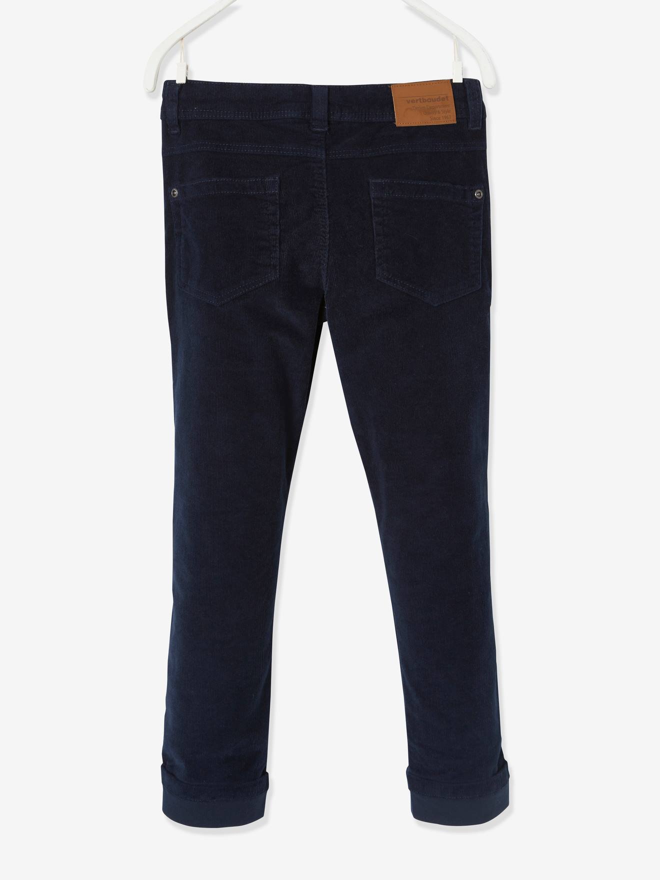 Calças de veludo cotelê slim-fit para meninos, bege médio, lisas com estampas.