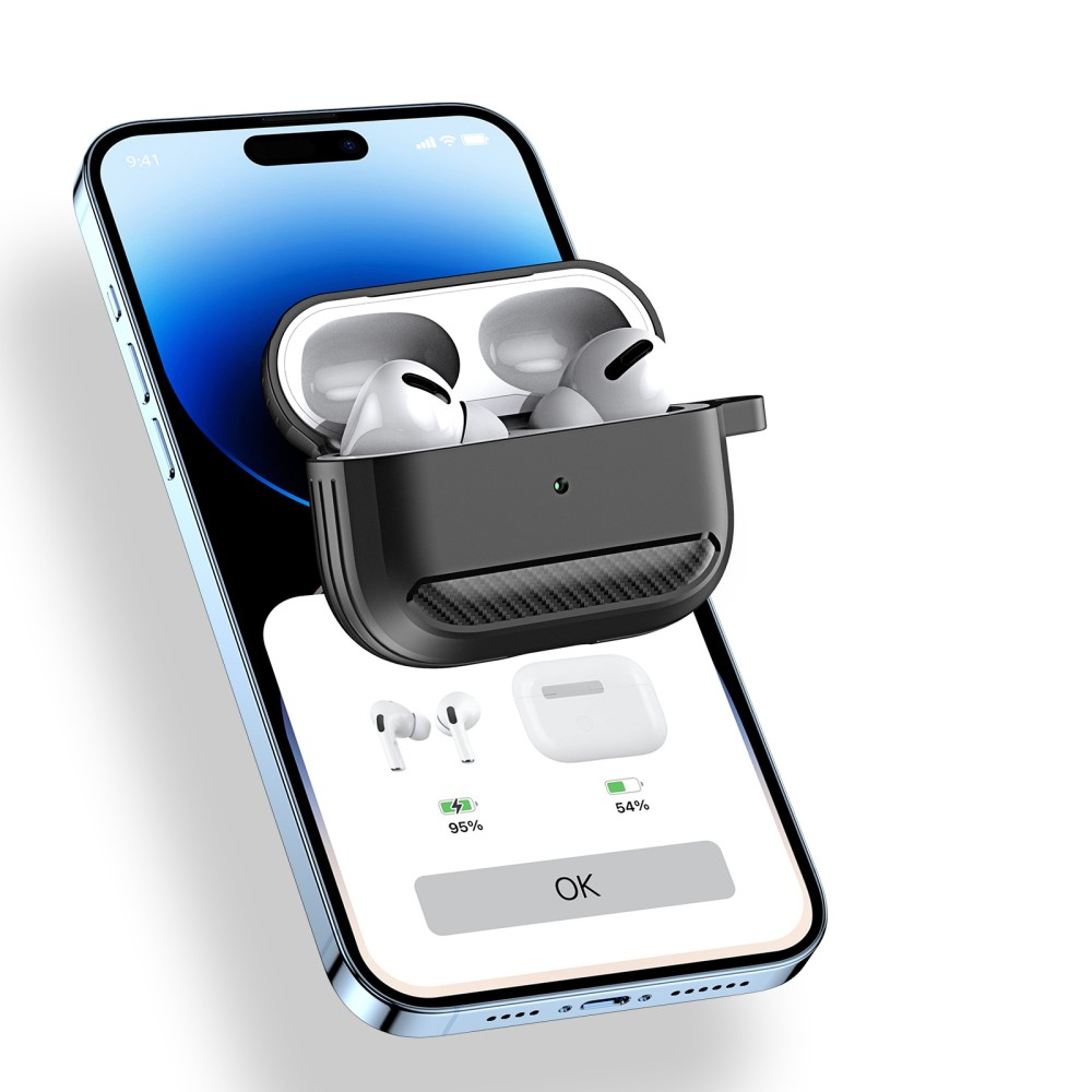 AirPods (1. & 2. Generation) Gummi Schutzhülle Abdeckung mit Karabinerhaken Carbon Look - Schwarz