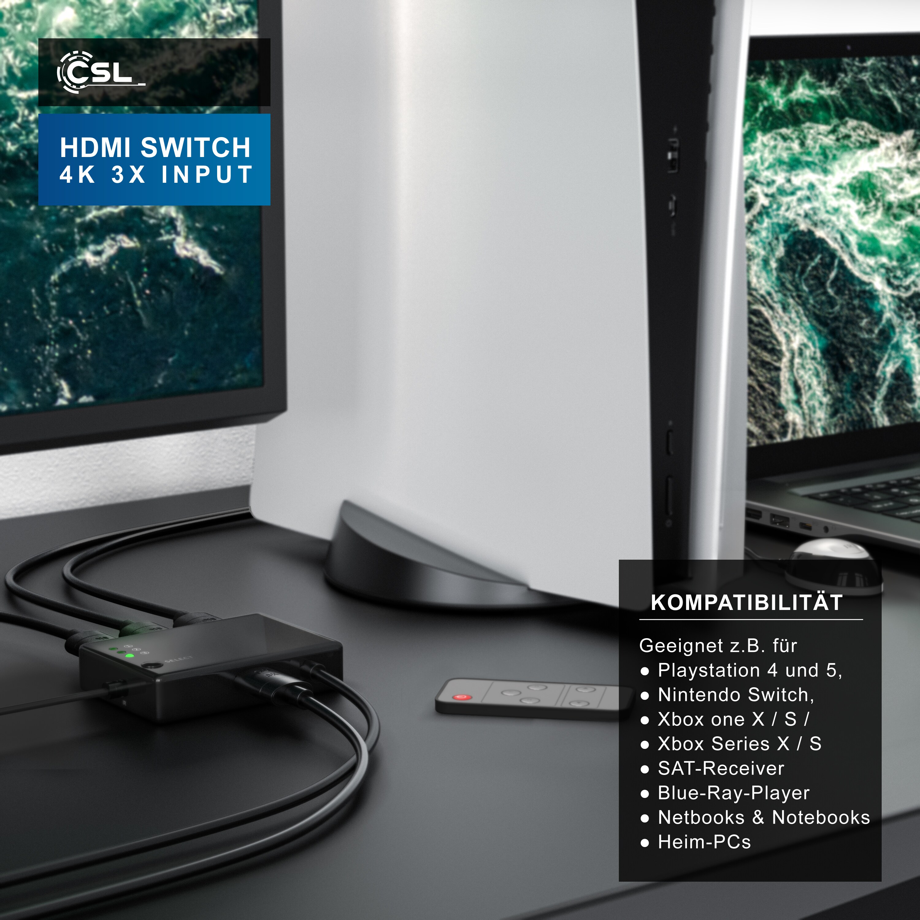 Primewire Audio / Video Matrix-Switch, 3-Port UHD HDMI Switch / Verteiler inkl. Fernbedienung, 4K, 3D, CEC