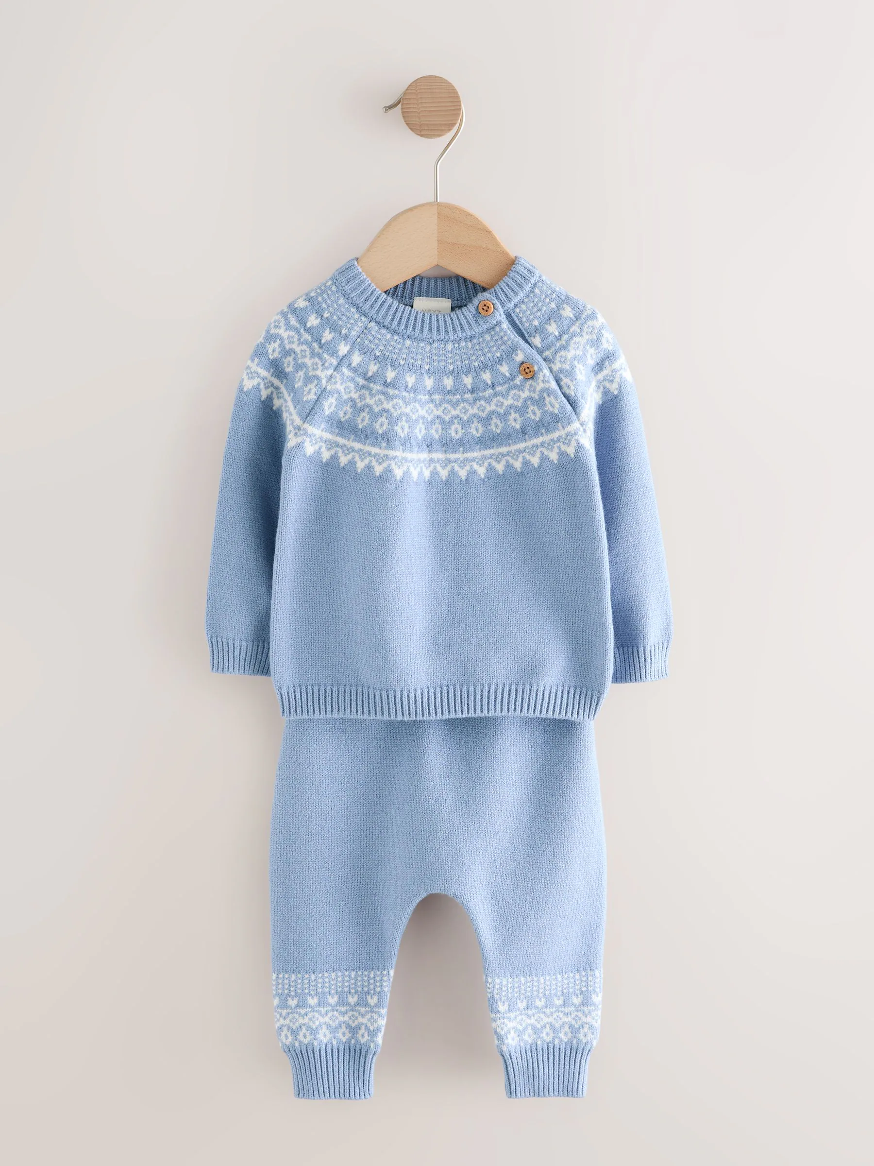 Blauw met fairislemotief - Babyset van gebreide top en legging (0mnd-2jr)