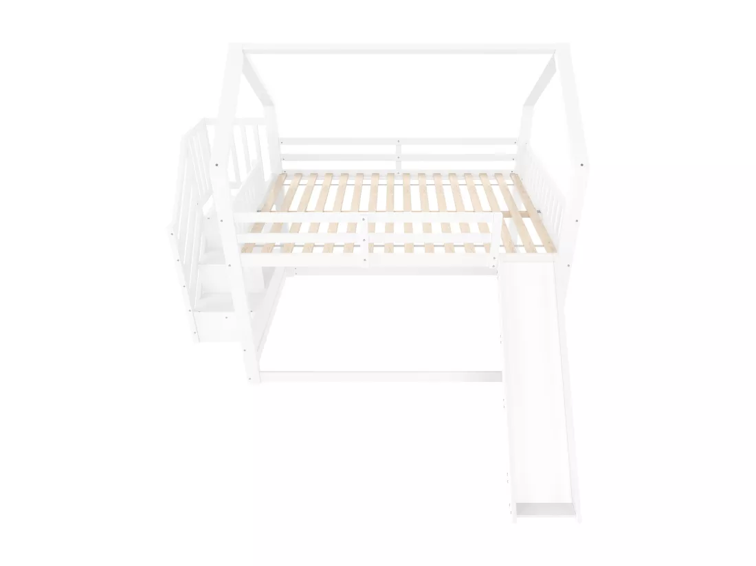 Lit superposé 140x200cm en bois - avec barrières + escalier de rangement + toboggan - Blanc