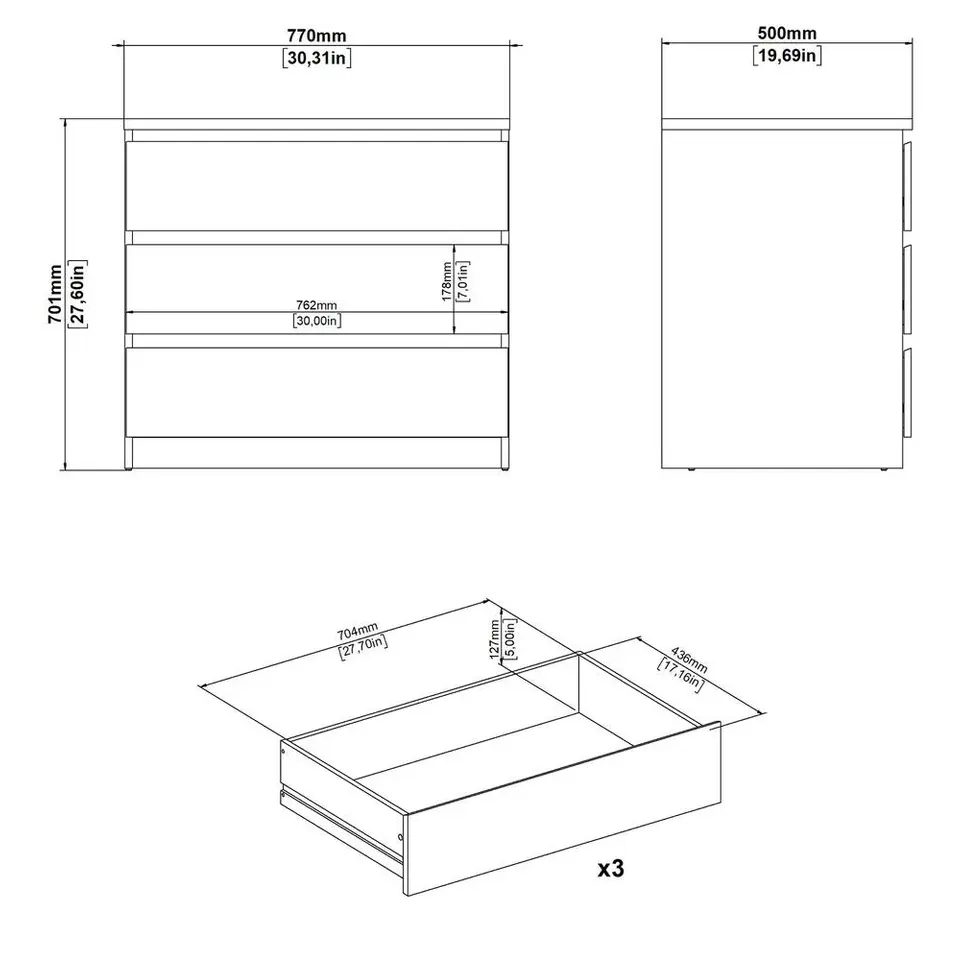 Ladekast Naia 3 lades - eikenkleur - 70,1x77x50 cm