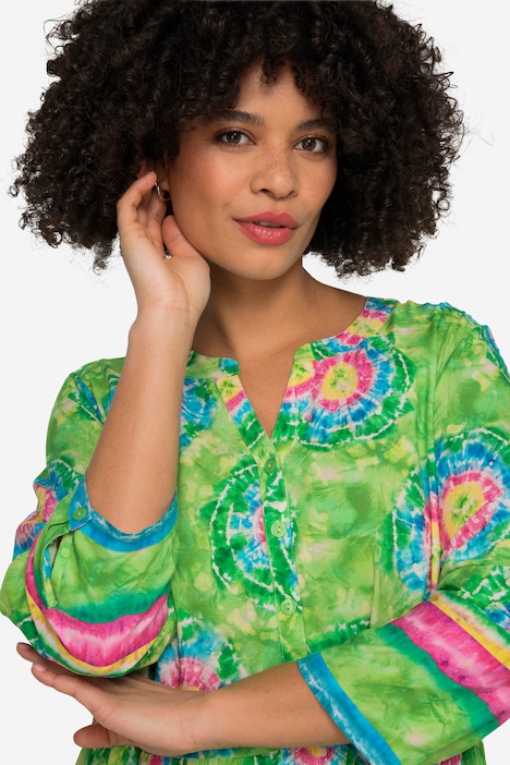 Maxikleid, Straight Fit, Batikdruck, Tunika-Ausschnitt, Langarm