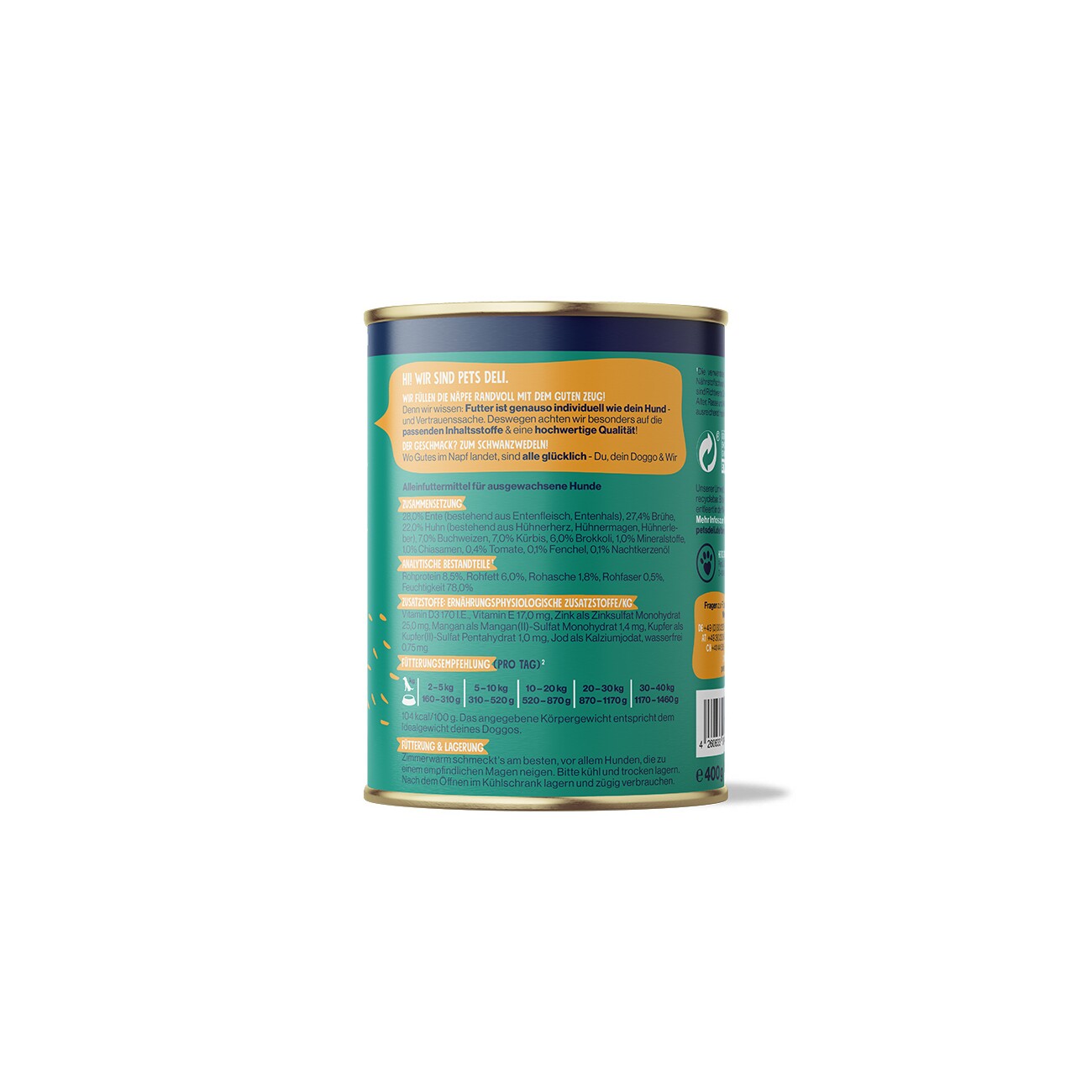 Pets Deli Nassfutter Hund Adult, Ente mit Buchweizen 6x400 g