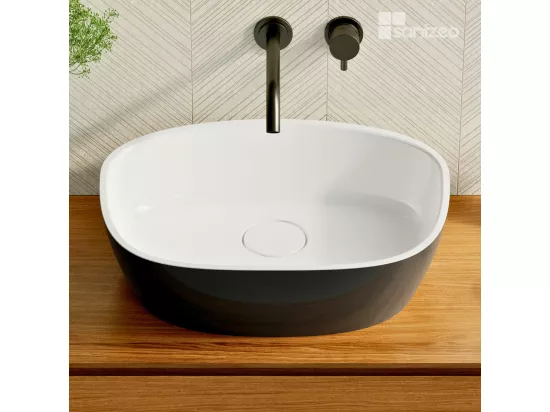 Vasque à poser FRODE - 75% Minéral Noir/Blanc Brillant Asymétrique 50*36*H16.6cm - LAVABERG
