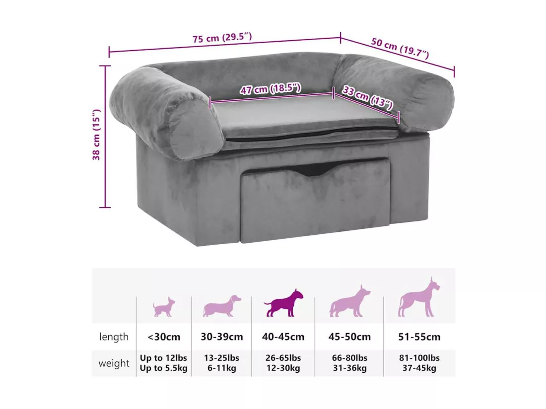 Canapé pour chien avec tiroir Gris 75x50x38 cm Peluche