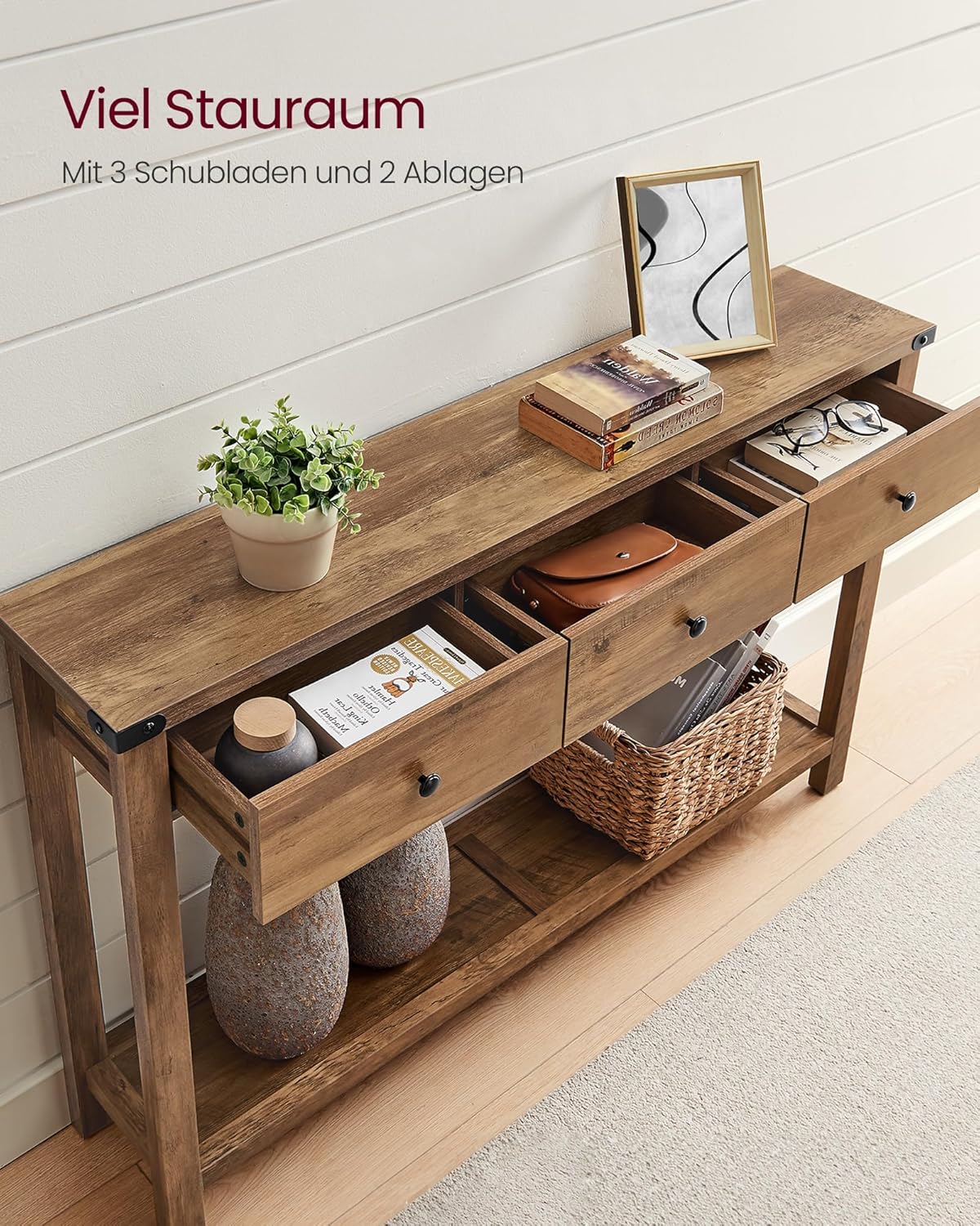 VASAGLE Konsolentisch, Beistelltisch, schmaler Sofatisch, mit 3 Schubladen und Einer Ablage, für Flur, Wohnzimmer, Landhausstil, honigbraun LNT142KB01