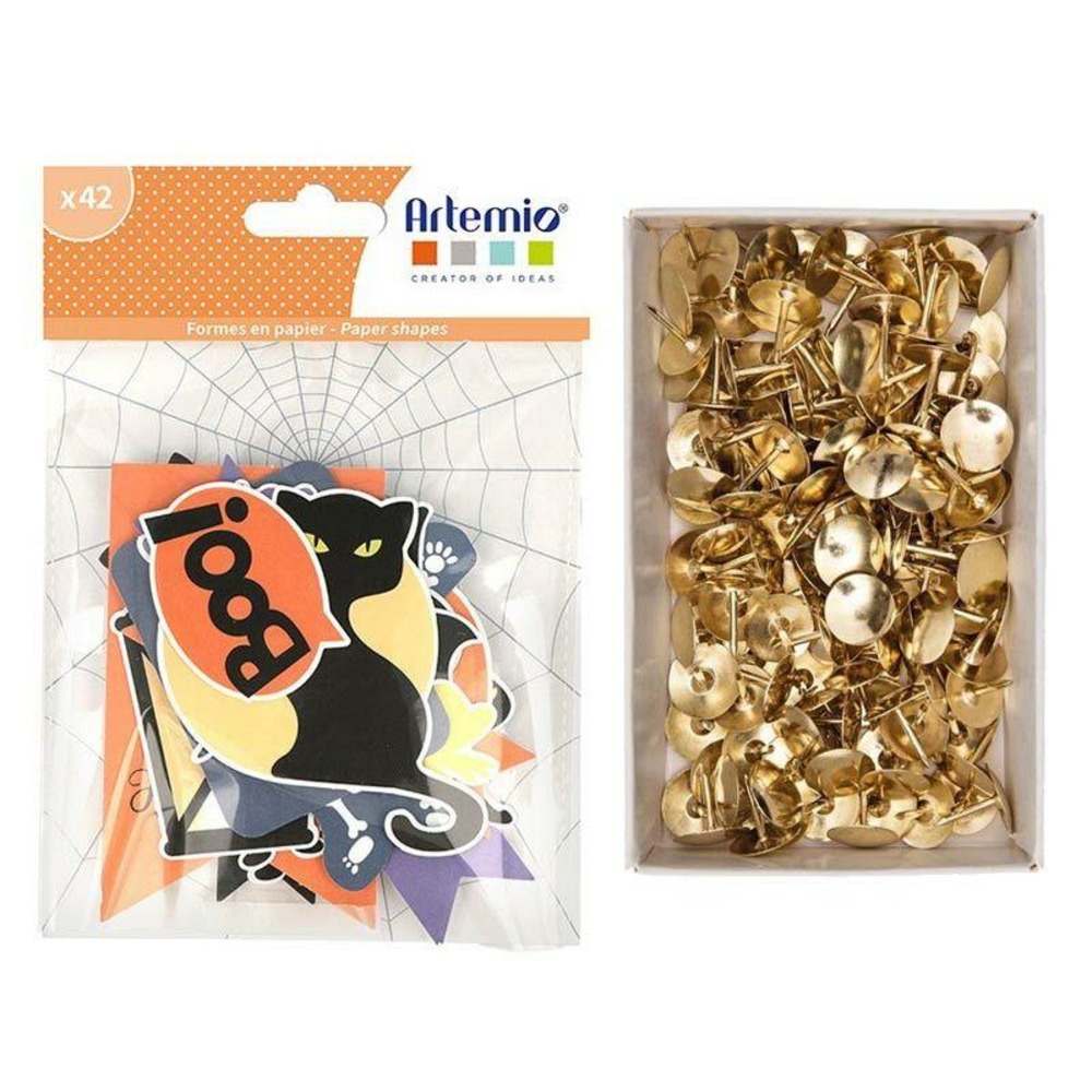 42 formes découpées papier halloween + 150 punaises dorées