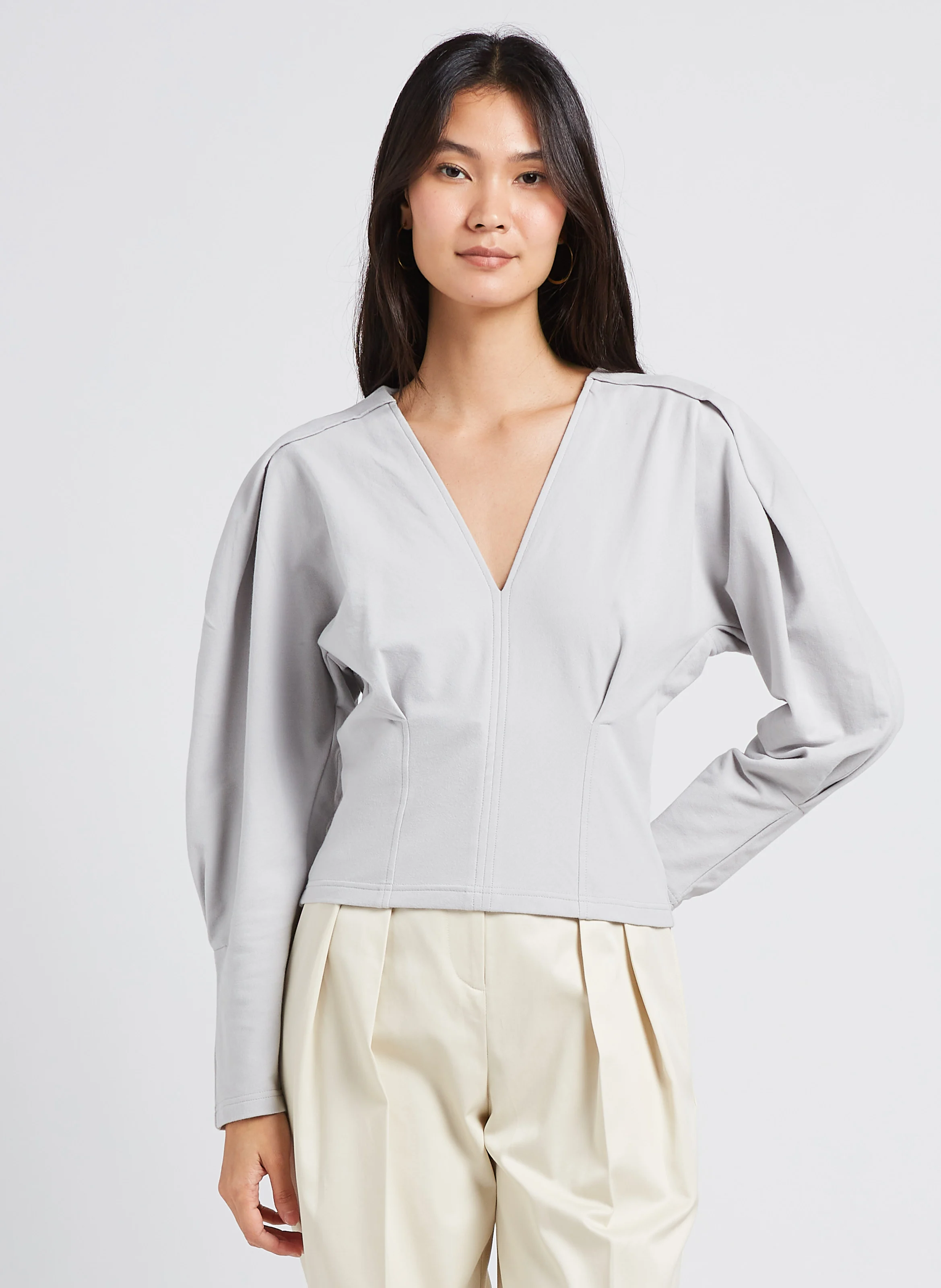 ROQUI - Top col V en coton mélangé | Gris