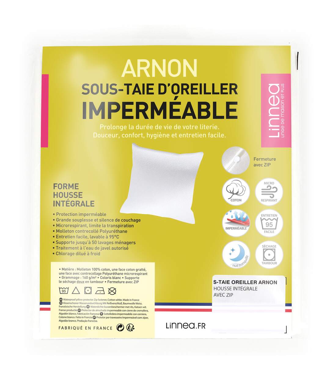 Housse de protection d'oreiller imperméable 80x80 cm avec zip ARNON molleton coton contrecollé poly