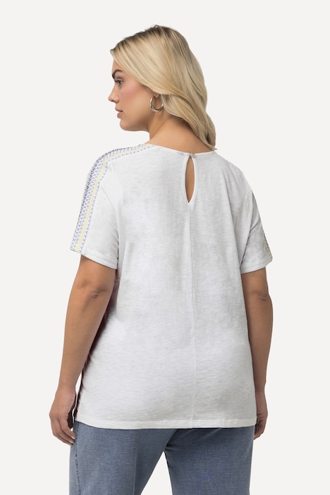 T-Shirt, Stickerei, Smok-Schultern, Rundhals, Halbarm