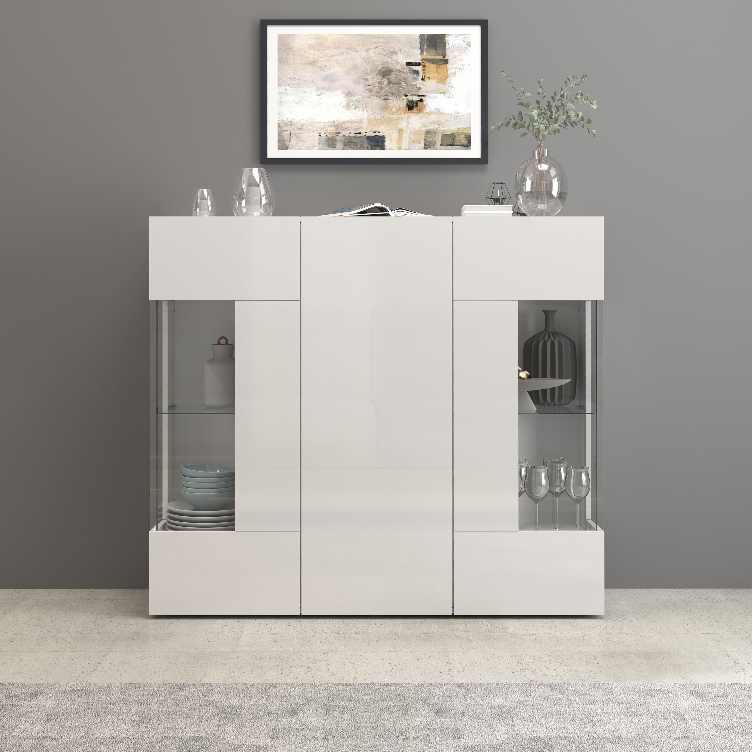 INOSIGN Highboard »Egypt, Highboard, Hochschrank, Hochkommode, Vitrine« mit 3 Türen davon 2 mit Glaseinsatz,kompl. Hochglanz lack.,Breite 135