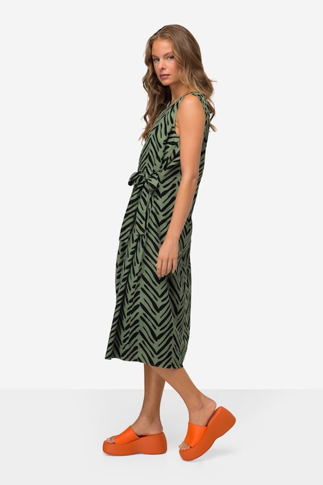 Leinenmix-Kleid, Straight Fit, Allover Print, Rundhals, seitliche Zierschleife