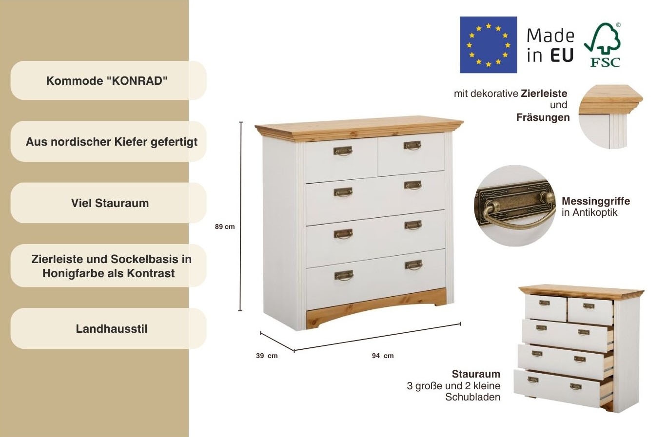Home affaire Schubkastenkommode »Konrad« Breite 94 cm, aus massiver, FSC®-zertifizierter Kiefer