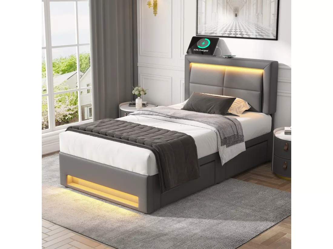 Lit rembourré 90x190 cm, avec port USB (supporte le chargement sans fil et filaire), avec éclairage LED et quatre tiroirs, PU-Litschi, gris