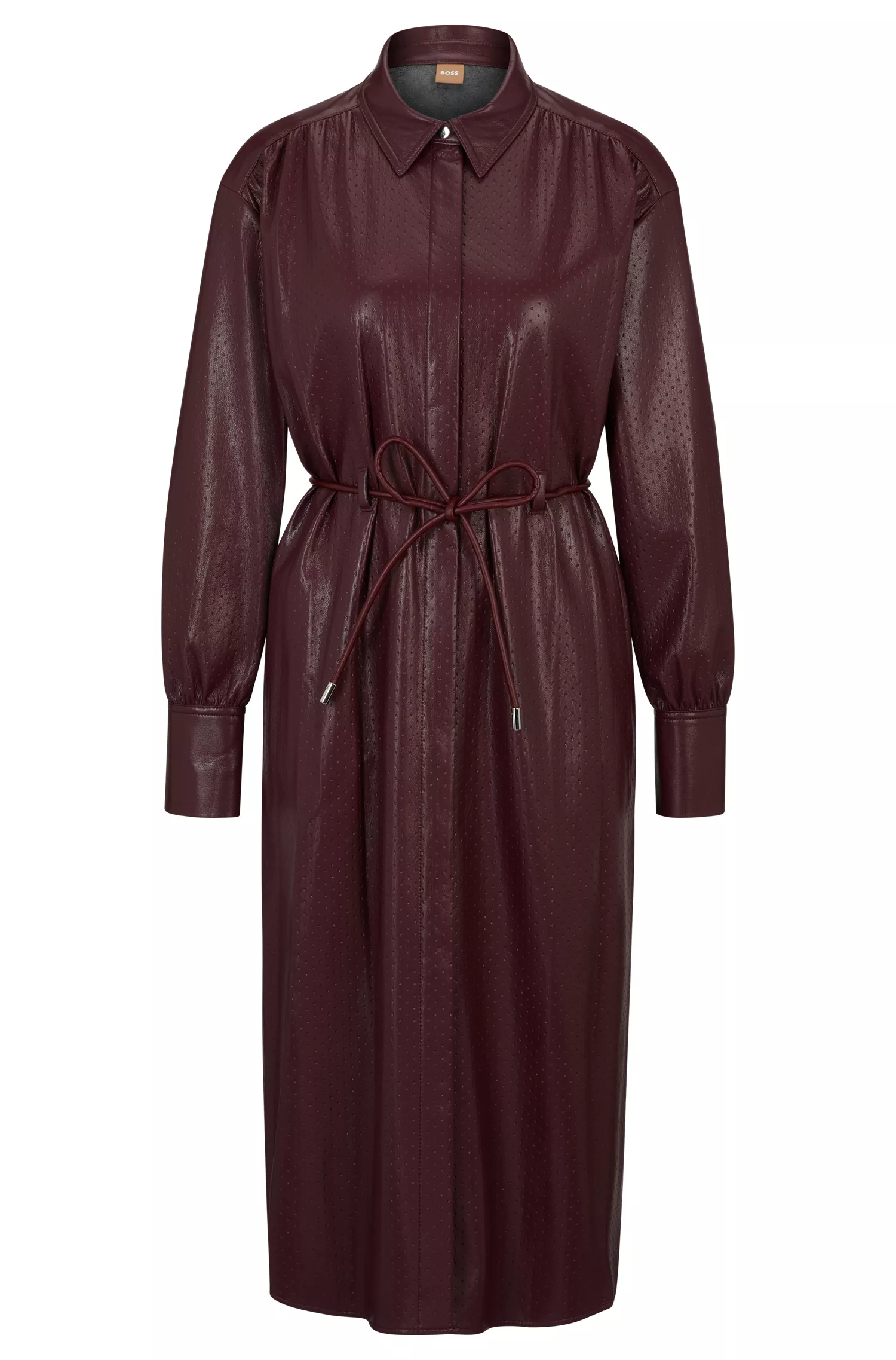 Vestido camisa BOSS preto, modelagem relaxada, em tecido texturizado.