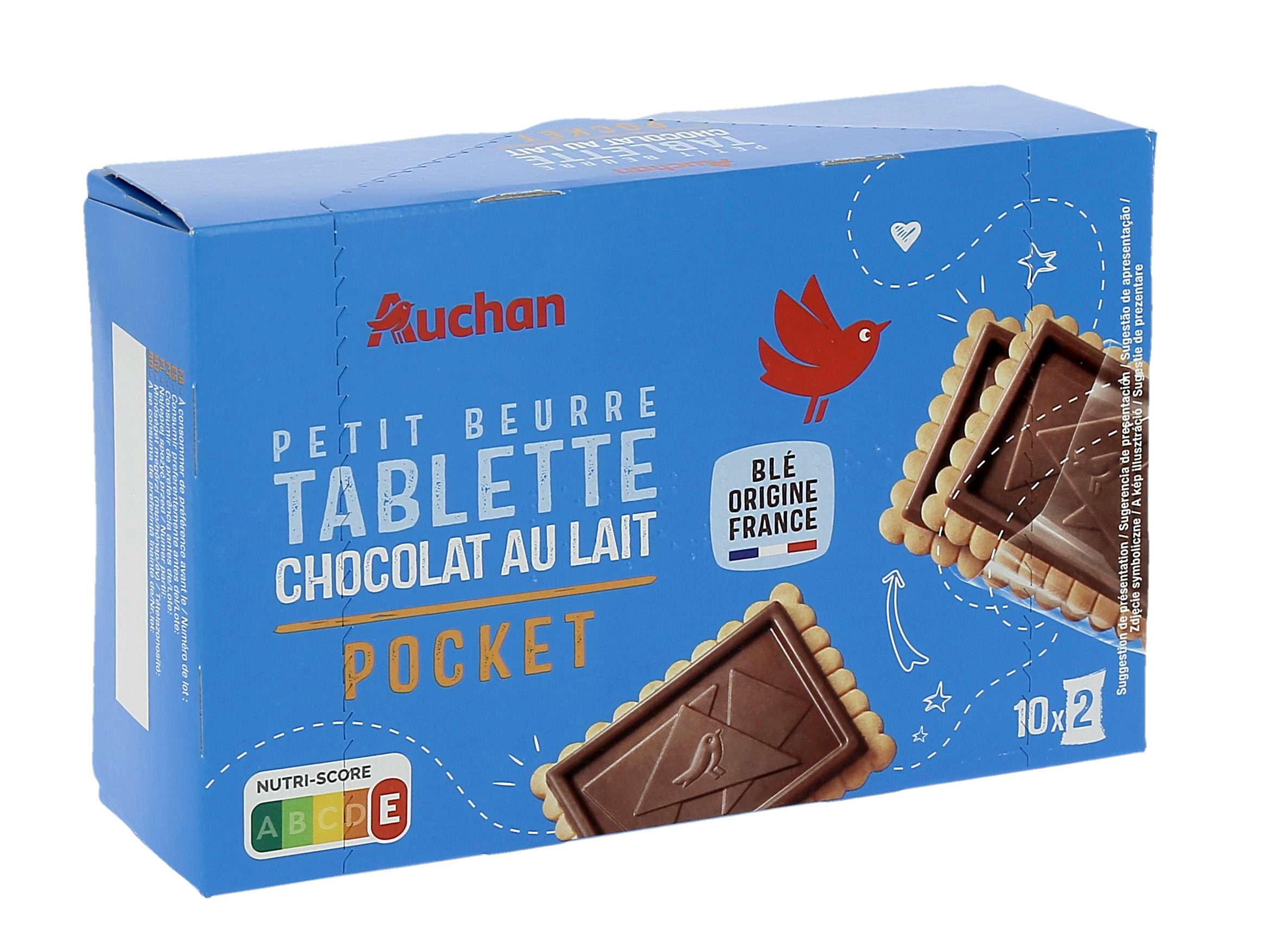 BOLACHA DE MANTEIGA AUCHAN COM TABLETE CHOCOLATE LEITE POCKET 2X10UN 250G