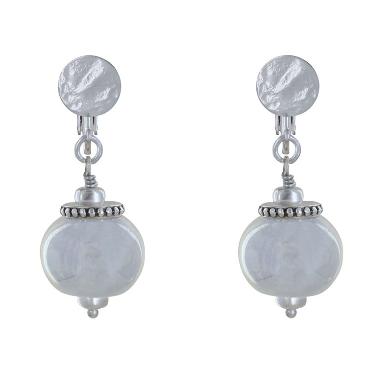 Boucles d'Oreilles Clip Métal Argenté et Grosses Perles en Céramique