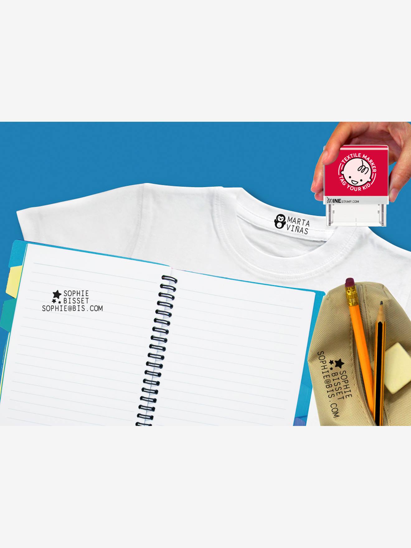 Carimbo de mina, branco claro, simples, para marcação de livros e roupas.