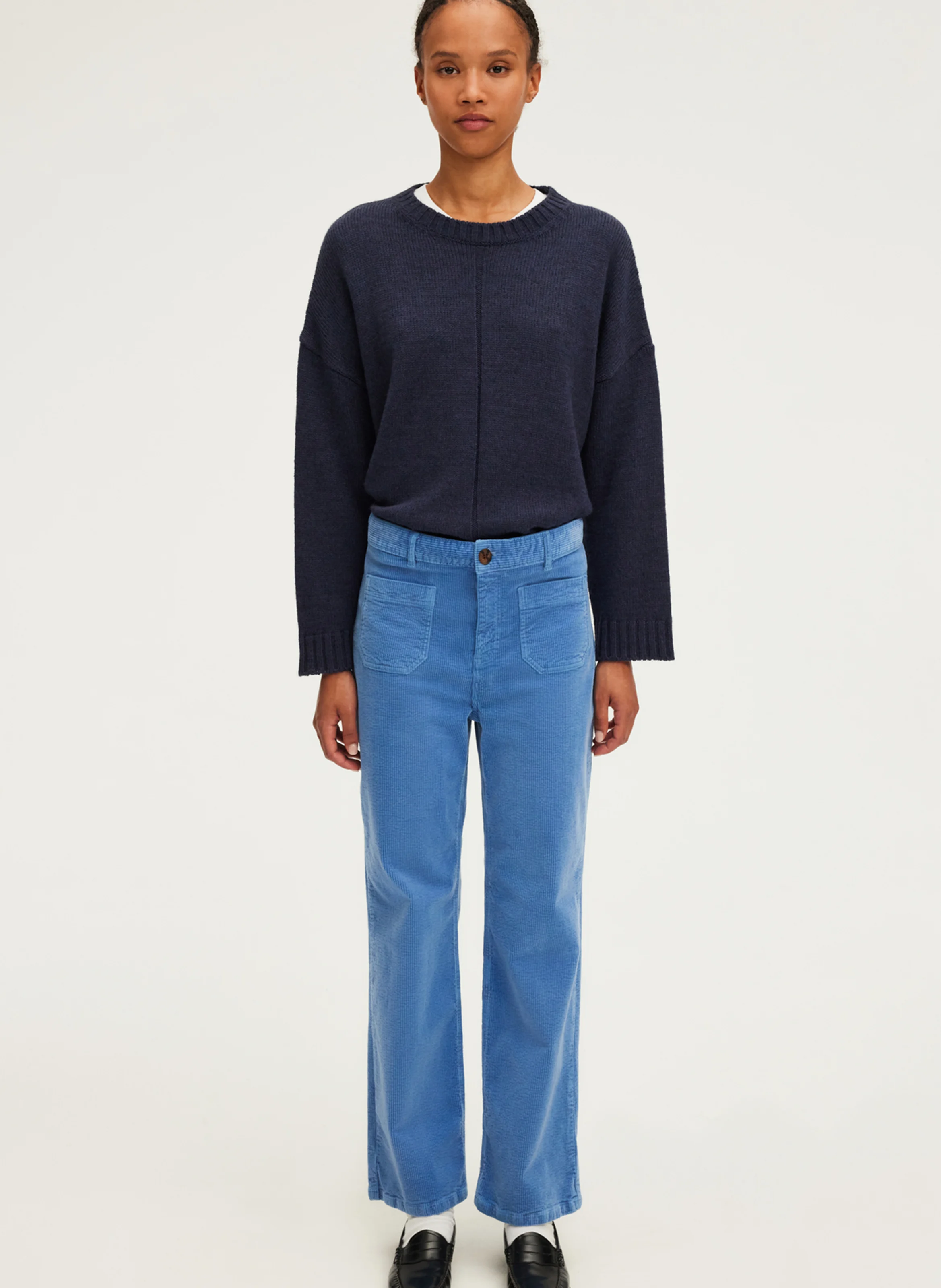 NANETTE - Pantalon droit en velours beige de coton | Bleu