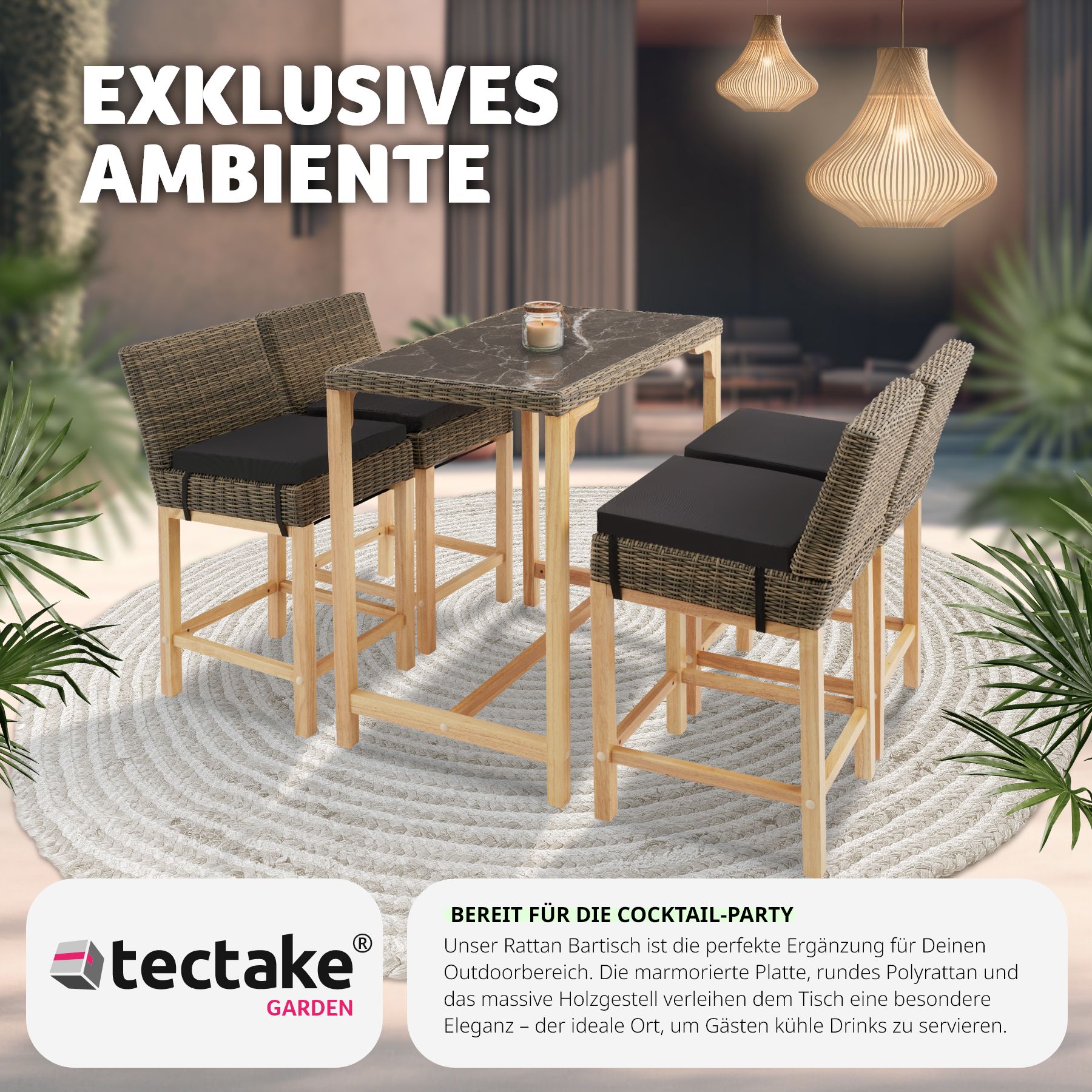 tectake® Rattan Bartisch, mit Aluminium- und Holzgestell, wetterfest und UV-beständig, 96 x 65 x 100 cm