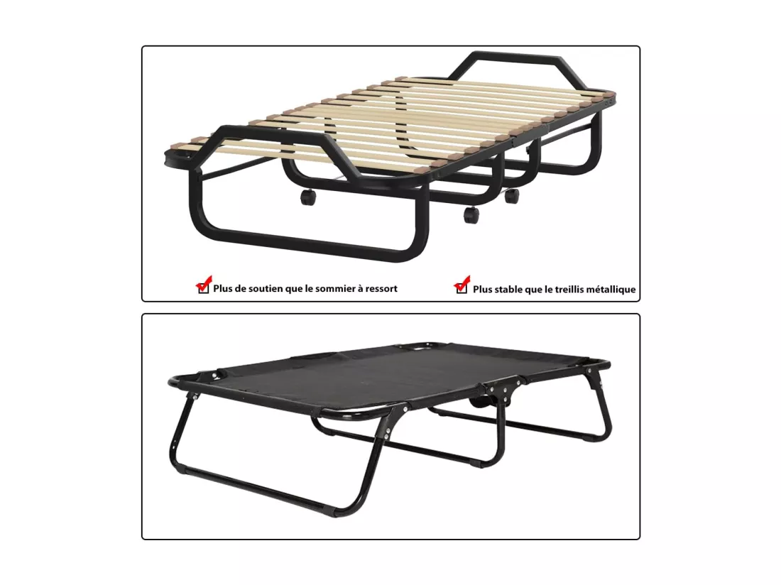 Lit Pliant 1 Personne Adulte 200x80CM (Fabriqué en Italie), avec Matelas en Mousse à Mémoire de Forme, Lit d’Apoint Pliable à 4 Roues et Sommier à 15 Lattes de Bois