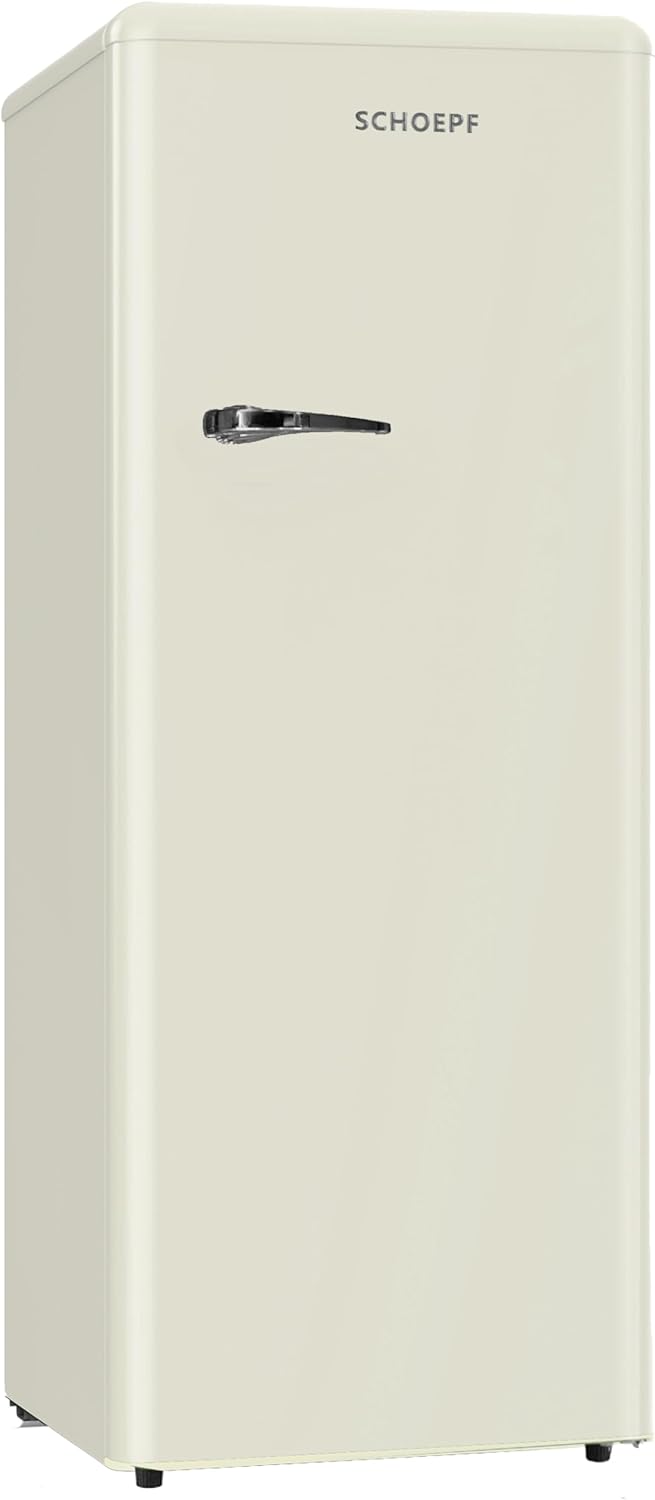 RKS245 Vollraum-Kühlschrank 145,6 cm – Retro Design – 238 L – LED-Beleuchtung – Höhenverst. Füße – 40 dB – Freistehend – Vintage Look - Getränkekühlschrank, Standardkühlschrank (Cremefarben)