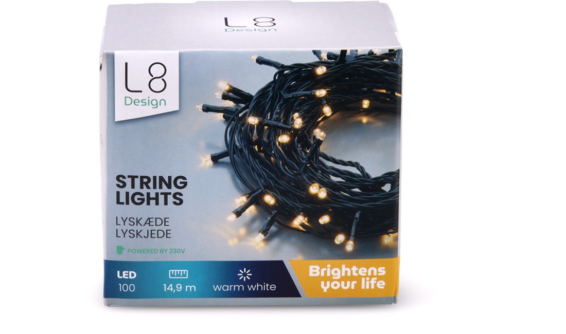 Lyskæde 100 LED, 10m med 220V, ude/inde