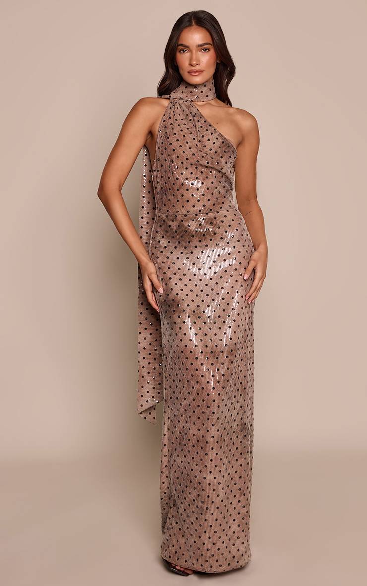 Taupe Robe Longue À Pois Sequins Avec Détail Foulard