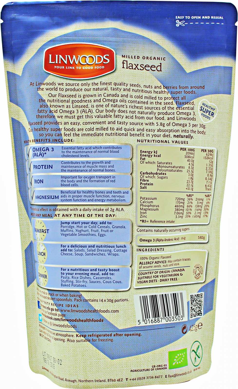 Semente de linhaça moída orgânica Linwoods 425g