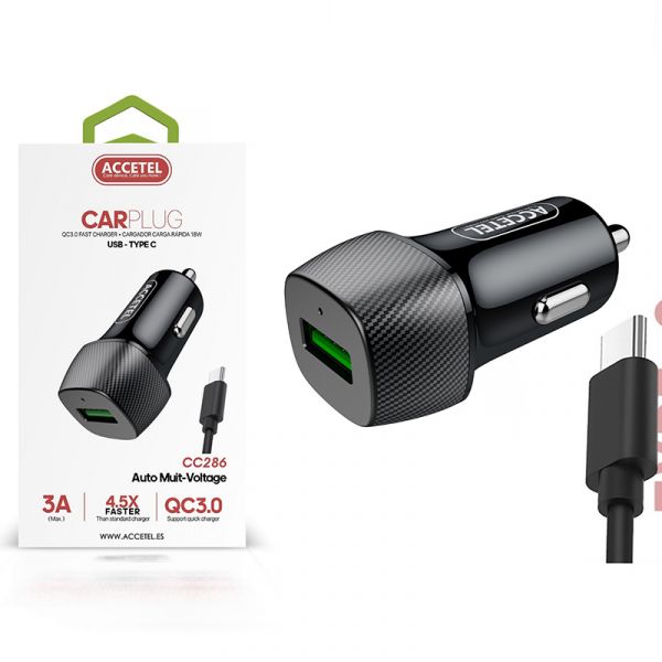 Accetel Pack Carregador Auto USB   Cabo Type-C CC286 para Oppo A58 3A. 18W. Rápida Velocidade de carregamento 4.5X Preto