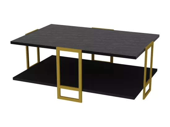 Table basse Polka avec cadre métalique doré (Effet marbre noir et Doré)