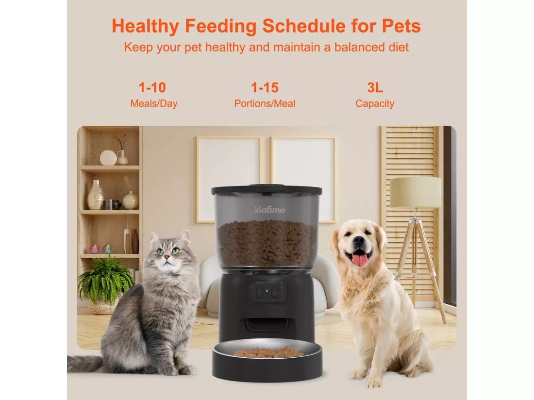 Balimo 3L Distributeur Croquettes Chat Automatique 2.4G WiFi, 1-10 Repas par Jour, Noir