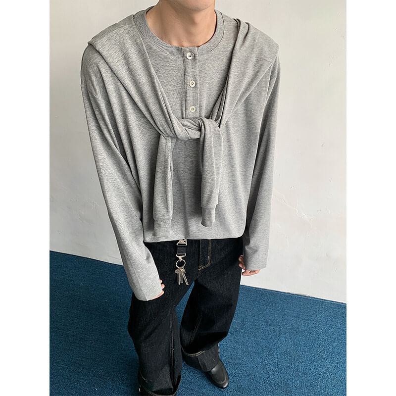 Omozando - Henley-hals T-shirt met lange mouwen en effen imitatieprint, tweedelig