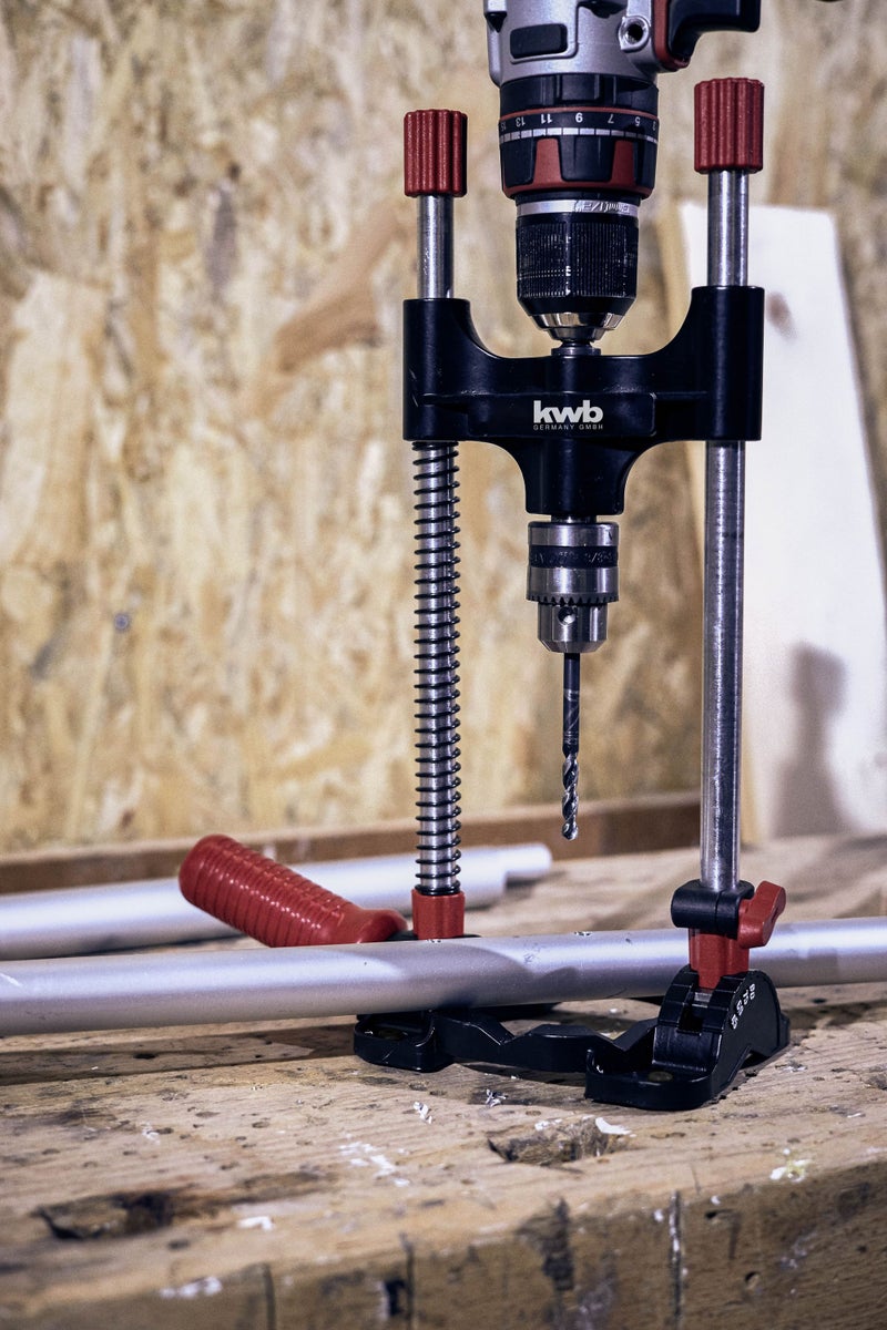 kwb boorstandaard met boorkop, zeskantaandrijving/Mobiele boorstandaard voor accuschroevendraaiers en boormachines, verstelbare hoekvergrendeling 45 60 75 90°, voor vlakke en ronde werkstukken