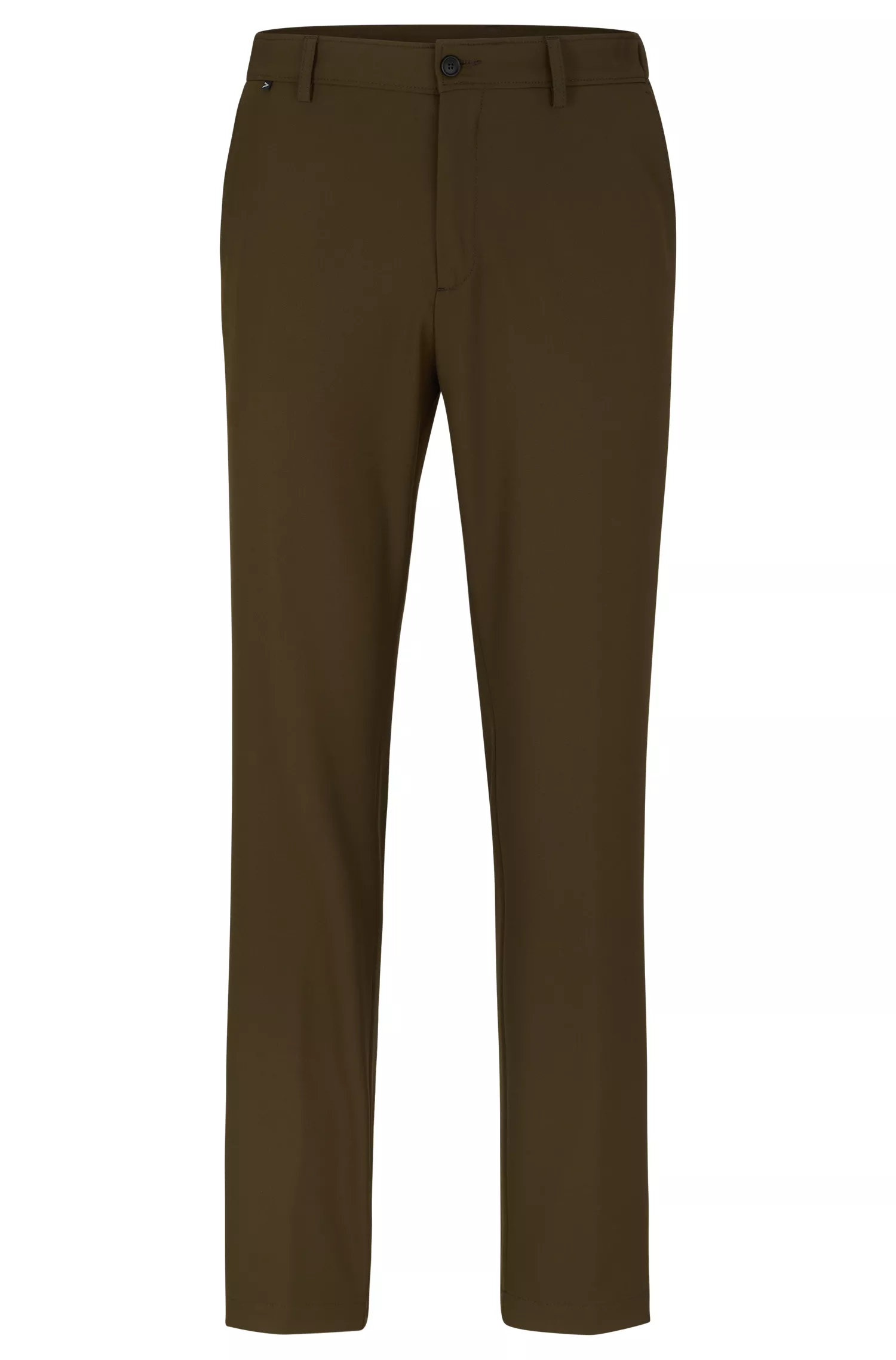 Calça BOSS preta, corte slim, em tecido elástico de alta performance.