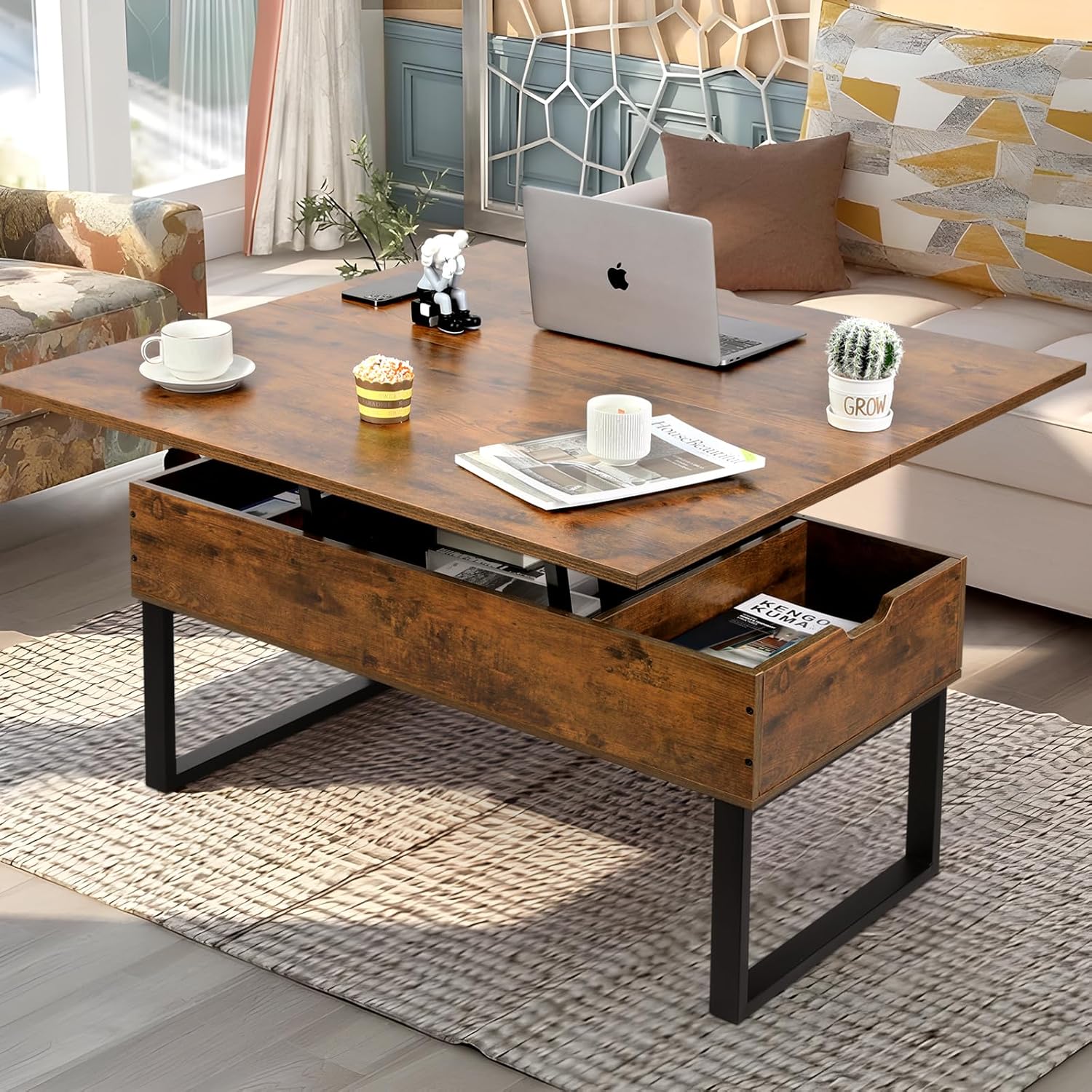 VOWNER Couchtisch Höhenverstellbar, 3-in-1-Multifunktions-Wohnzimmertisch mit Versteckter Aufbewahrung, Couchtisch Umwandelbar in Wohnzimmer-Esstisch, Vintage-Braun