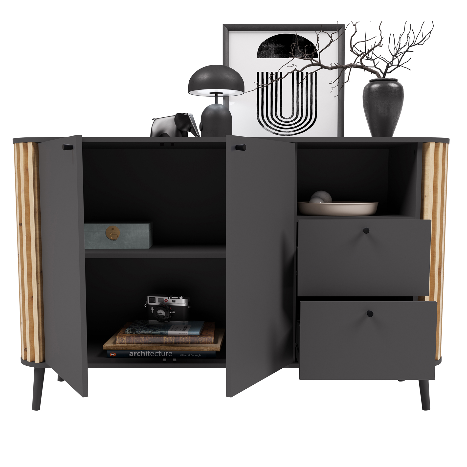 Sideboard PURE - grau - Artisan Eiche - 138 cm breit