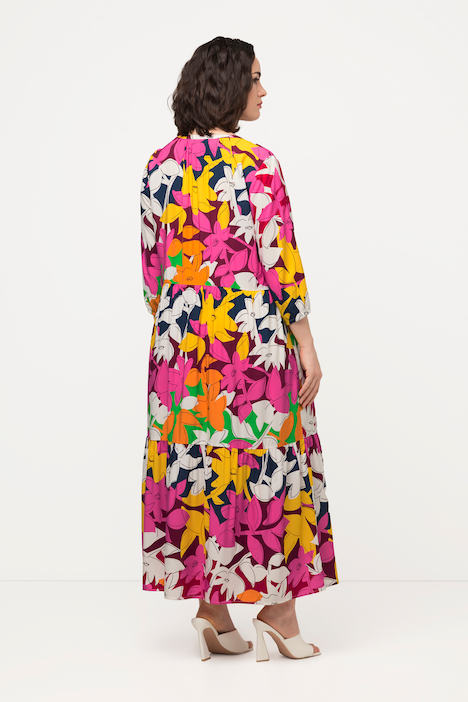 Kleid, Blüten, A-Linie, Tunika-Ausschnitt, 3/4-Arm