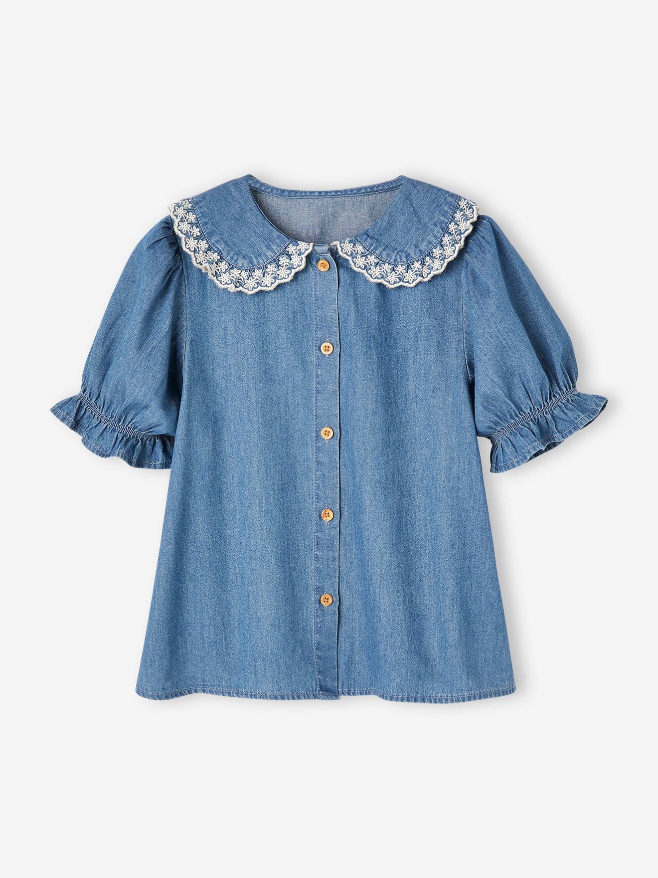 Camisa jeans de manga curta com gola Peter Pan para meninas (cor pedra)