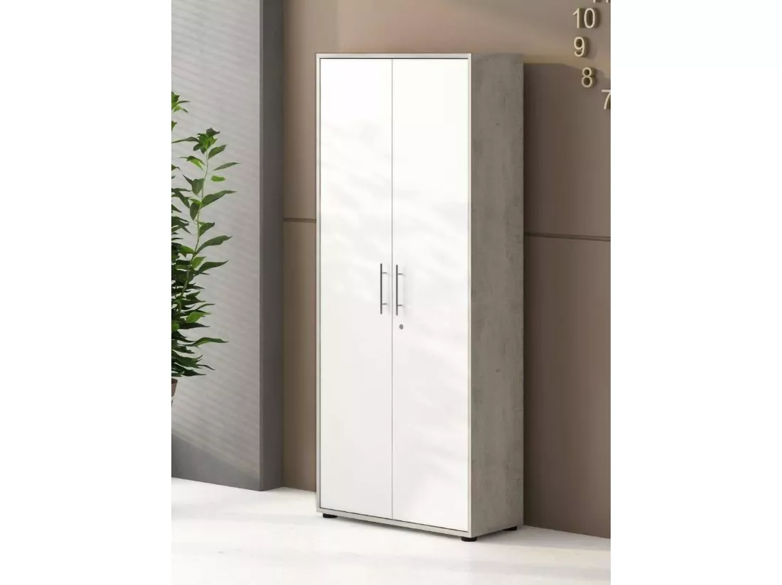 Armoire polyvalente à 2 portes Cambrils, Armoire auxiliaire, Armoire à chaussures, Bibliothèque multifonction avec 2 portes, 79x34h188 cm, Blanc et Ciment