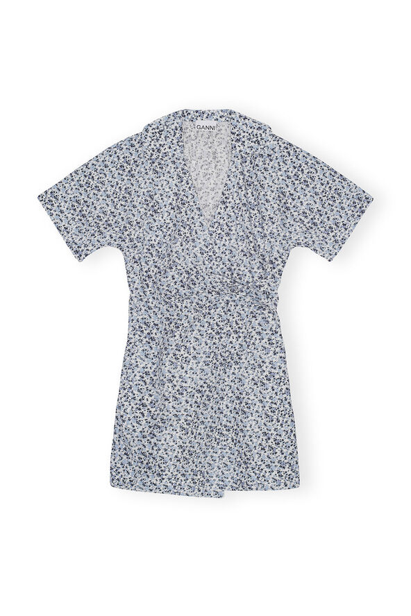Ganni Printed Cotton Wrap Mini Dress Glacier lake