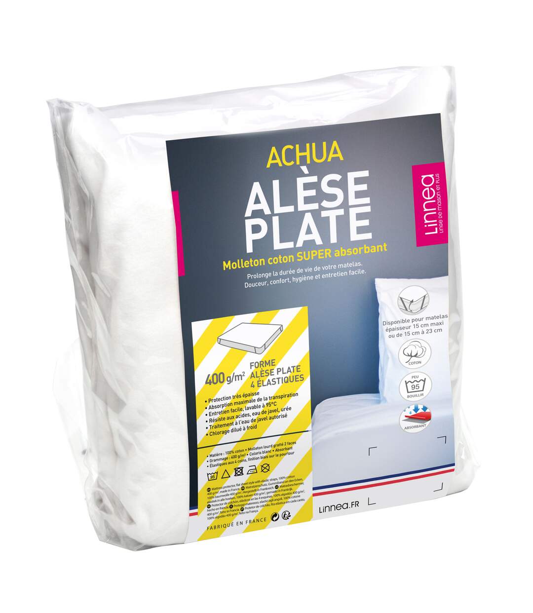 Alèse plate 90x200 cm ACHUA Molleton coton 400g/m2 matelas 15-23cm