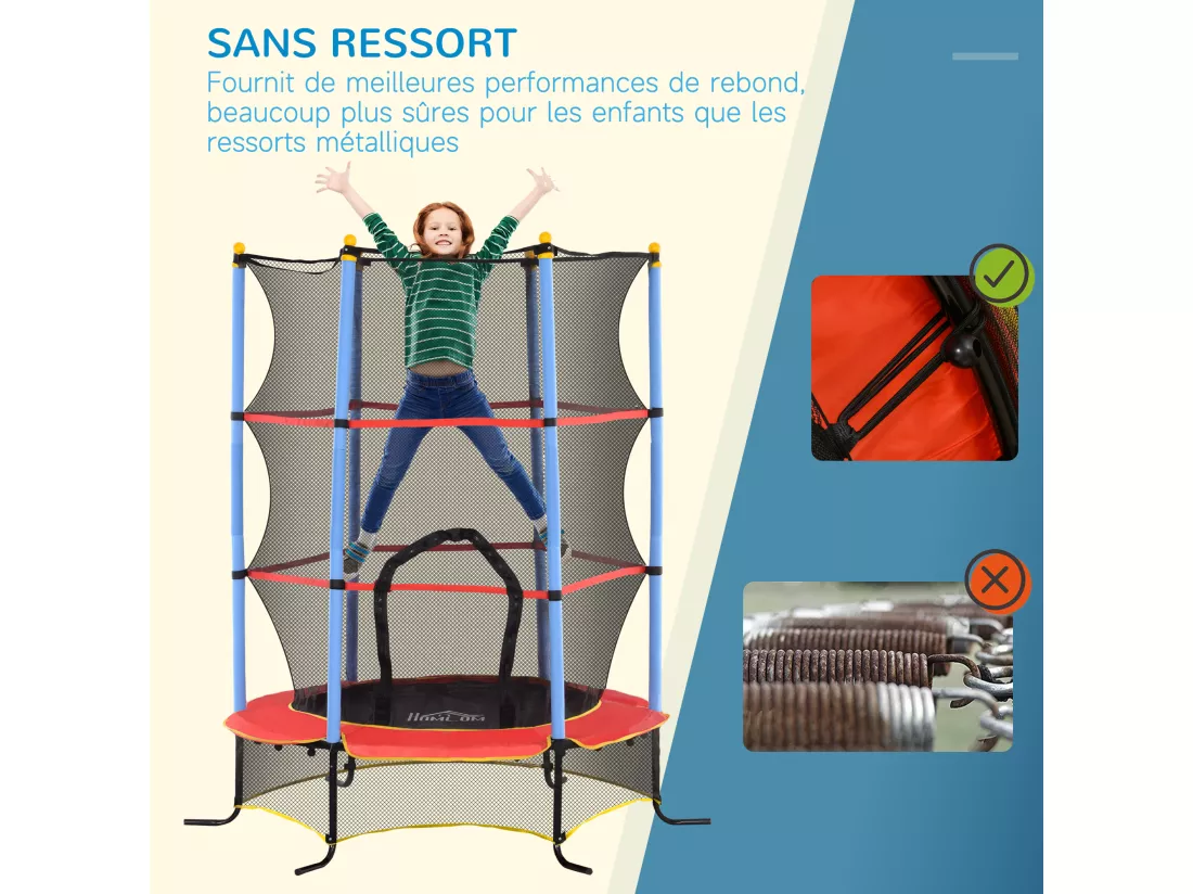 Trampoline de jardin enfant Ø 1,75 x 1,90H m filet de sécurité porte zipée couvre-ressorts + 6 poteaux rembourrés inclus rouge bleu noir
