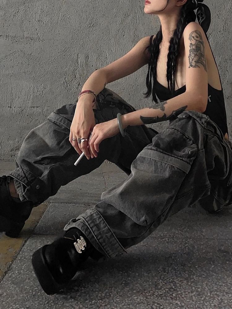 Jerolenea - High Rise Washed Wide Leg Cargo Jeans