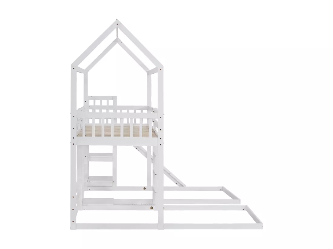 Lit superposé lit enfant 90x200 cm 3 places avec toboggan, escalier et étagères ouvertes - blanc