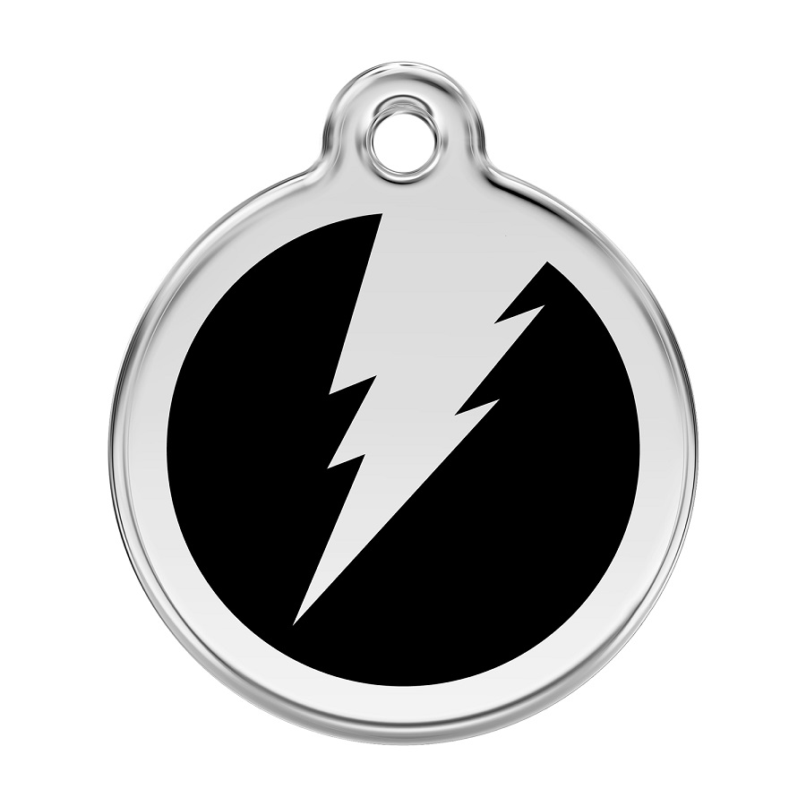 Placa de identificação para cães em aço inoxidável esmaltado preto com desenho de raio