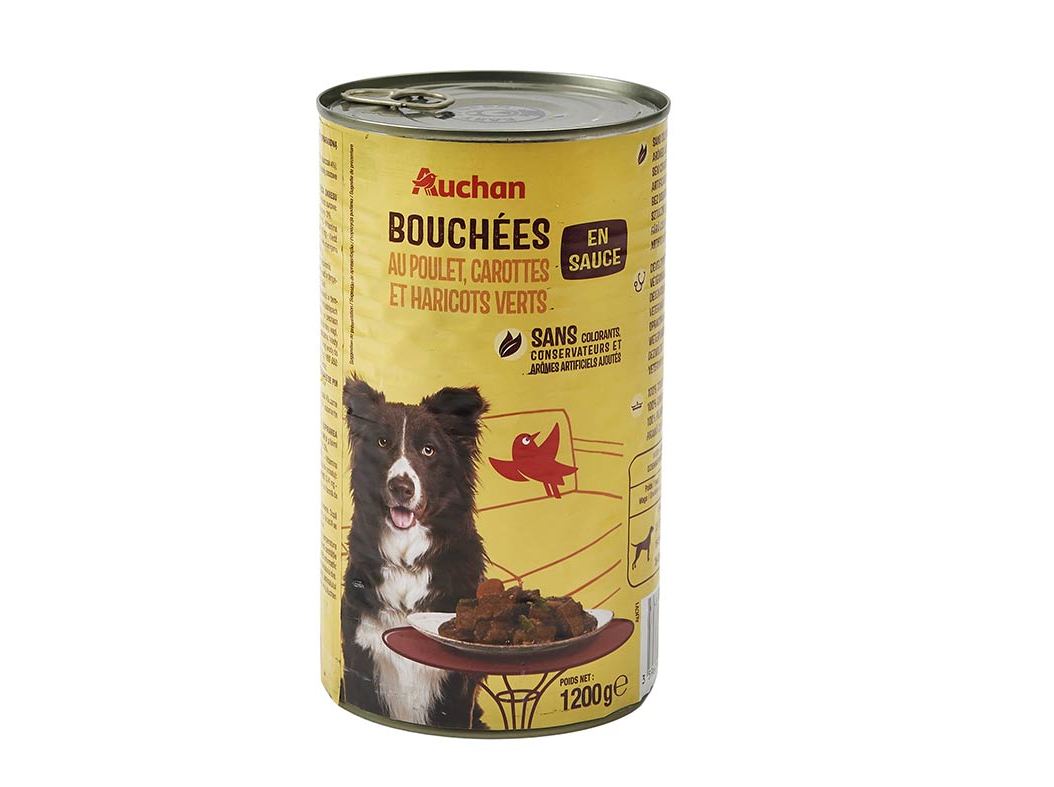 COMIDA HÚMIDA PARA CÃO AUCHAN PEDAÇOS EM MOLHO COM FRANGO COM CENOURA E COM FEIJÃO-VERDE 1200G