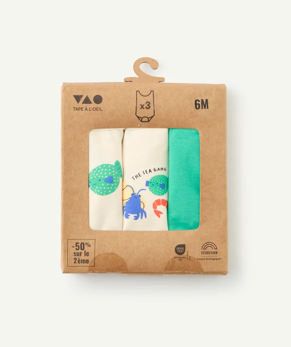 lot de 3 bodys bébé en coton bio vert et écru thème poisson